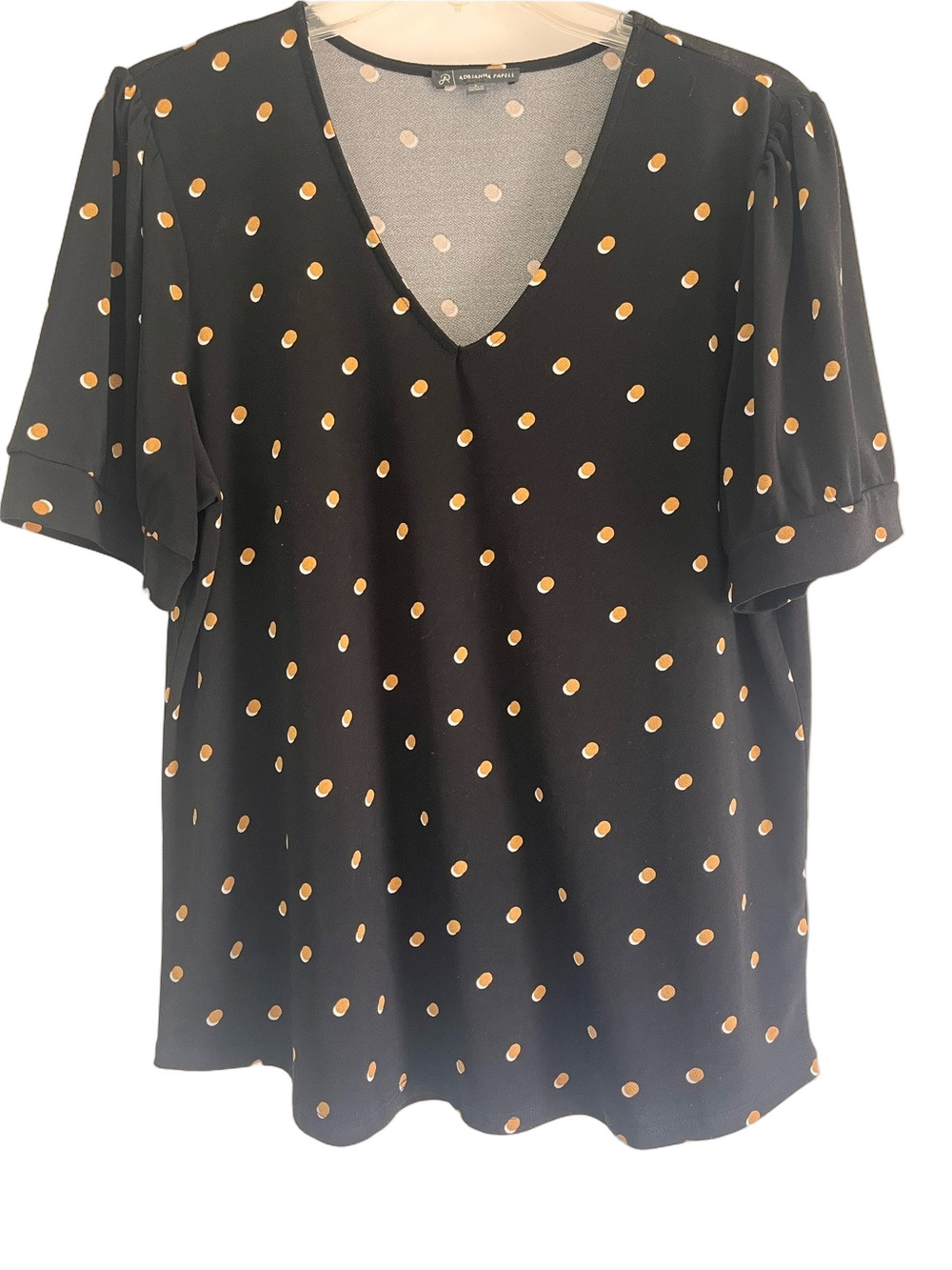 Adrianna Papell Black V-Neck Polka Dot Blouse Gold White Dots Women Large